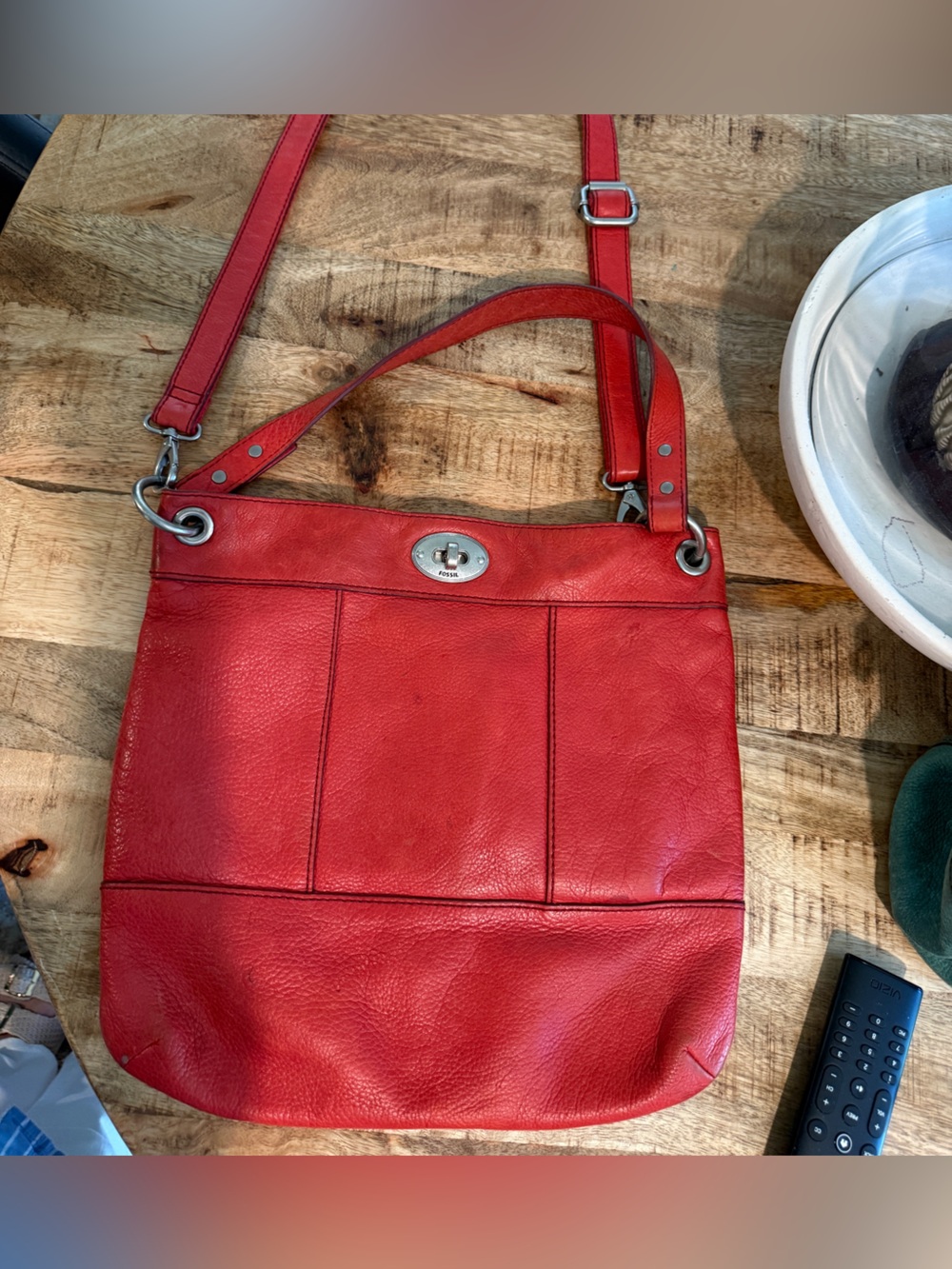 Fossil Red Pebbled Leather Crossbody Shoulder Bag